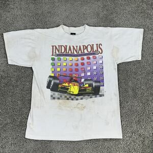 Vintage Indianapolis Racing Shirt Mens Large White Graphic Made USA Suntex 90s